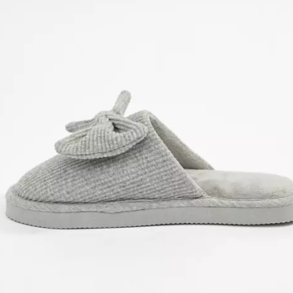 ASOS Grey Ribbed Nixie Bow Cozy Slippers - Picture 4 of 7
